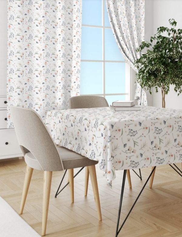 Set of curtains for the kitchen Gabardine print 150*180*2pcs + Tablecloth SP 120*145 Wild flowers white 18