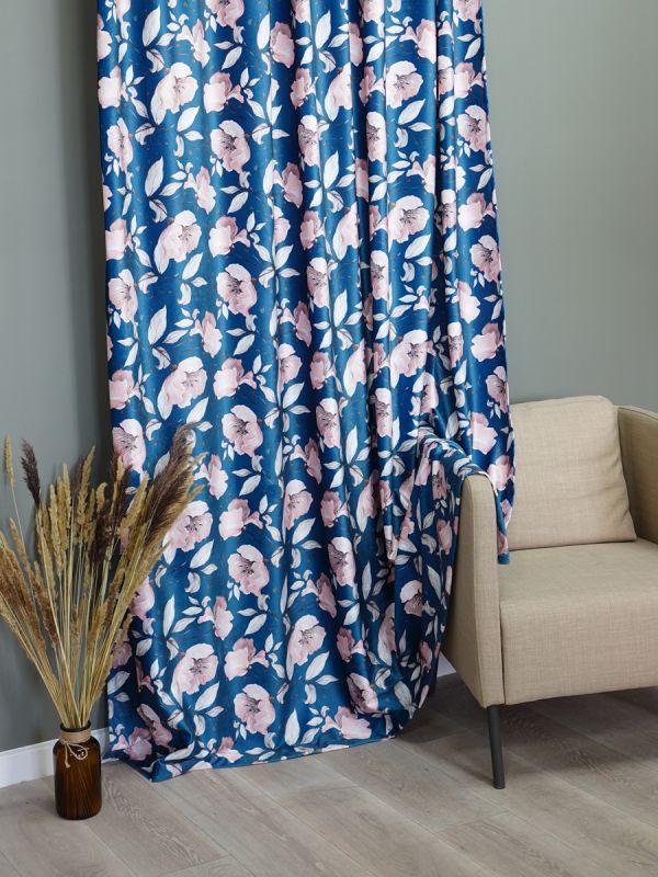 Curtain curtain Velvet print Chic blue 190*260 1 piece.
