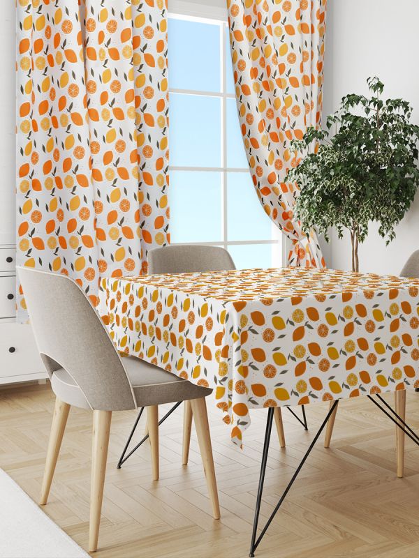 Set of curtains for the kitchen Gabardine print 150*180*2pcs + Tablecloth SP 120*145 Citrus white 13