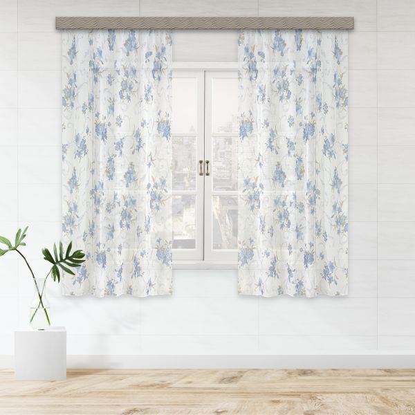 Set of curtains voile-lily print 100*180*2pcs blue